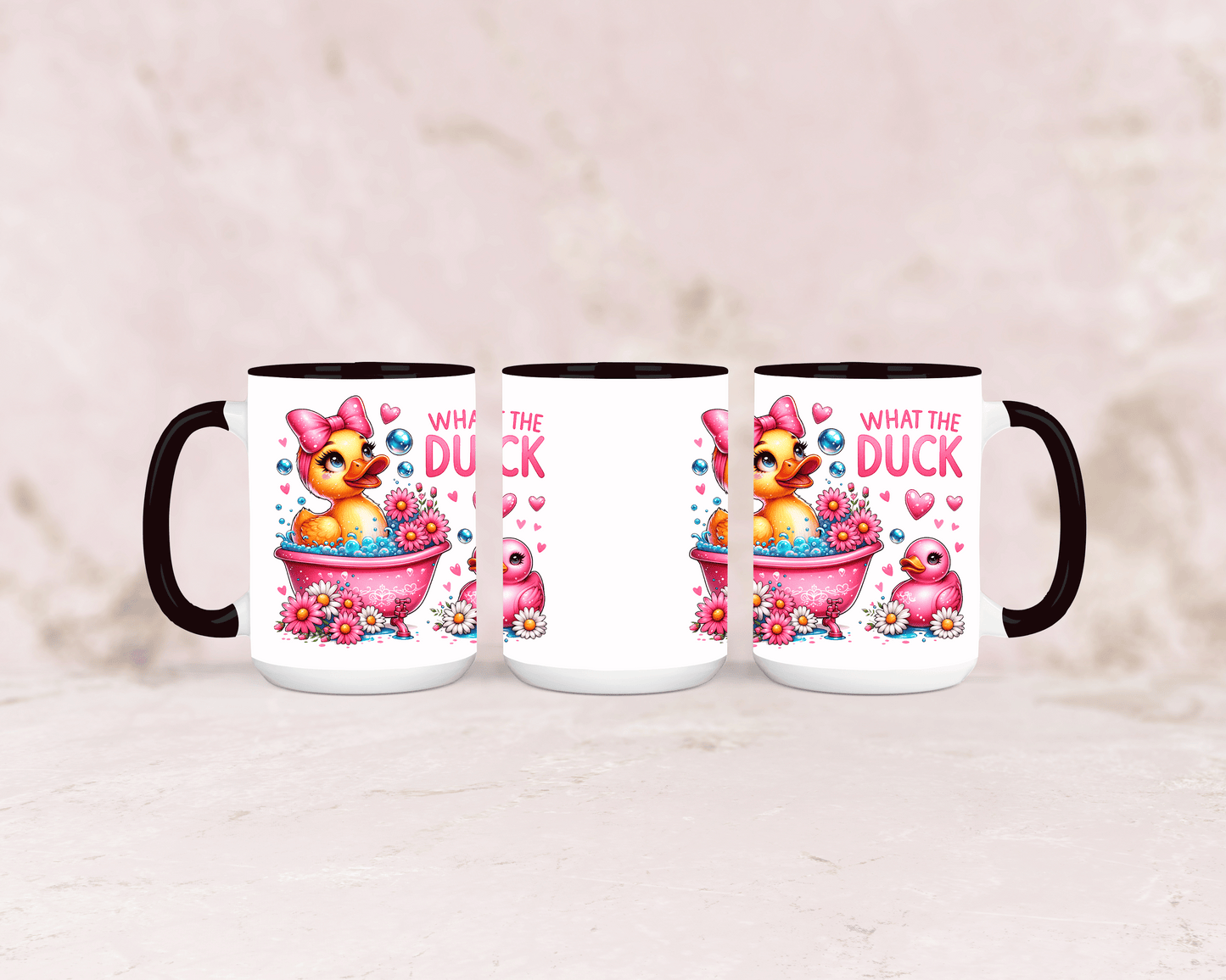 Tasse mit süßer Ente und lustigem Spruch „What the Duck“ – personalisierbar