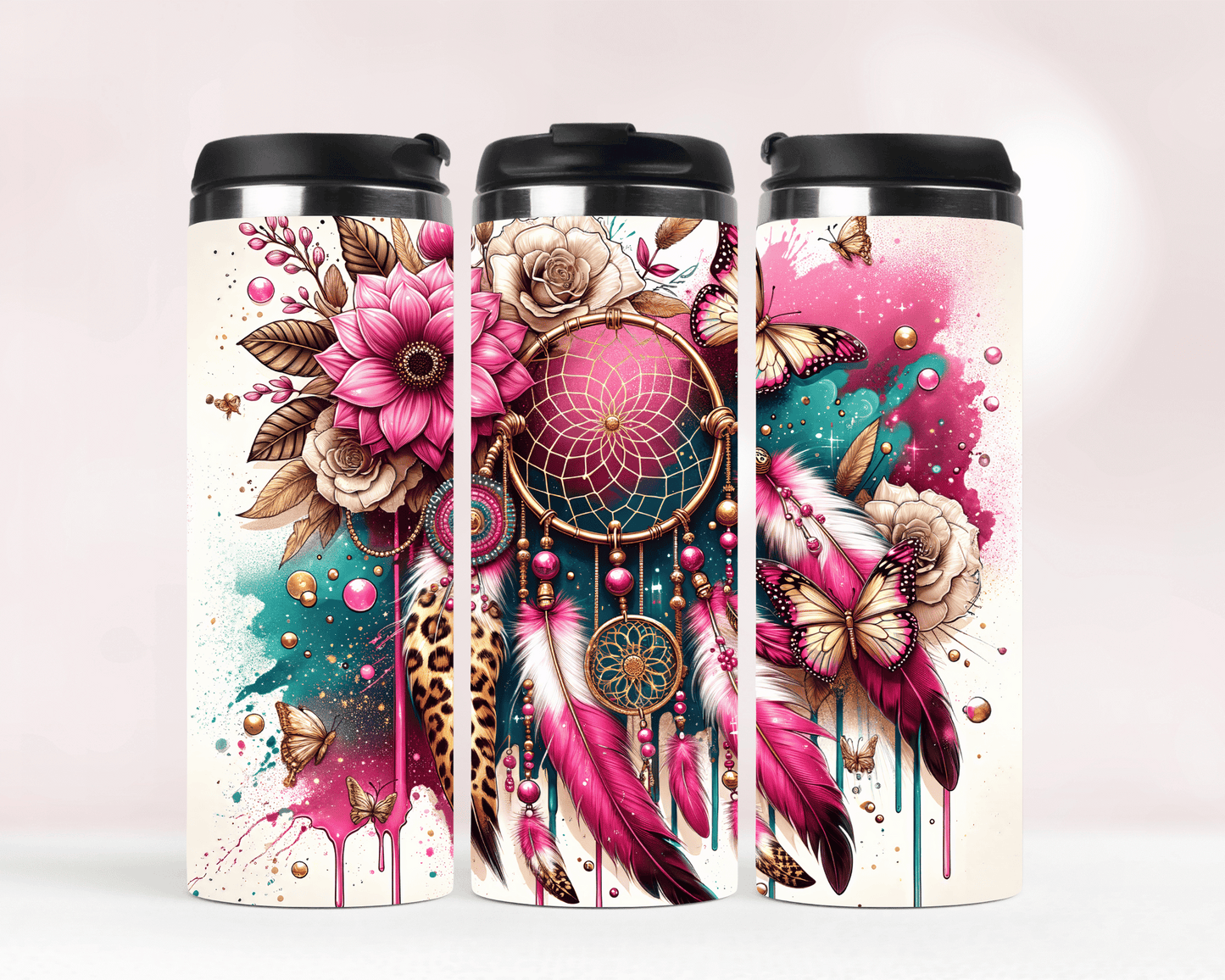 Thermobecher aus Edelstahl – 340 ml, Motiv Boho Traumfänger & Blumen