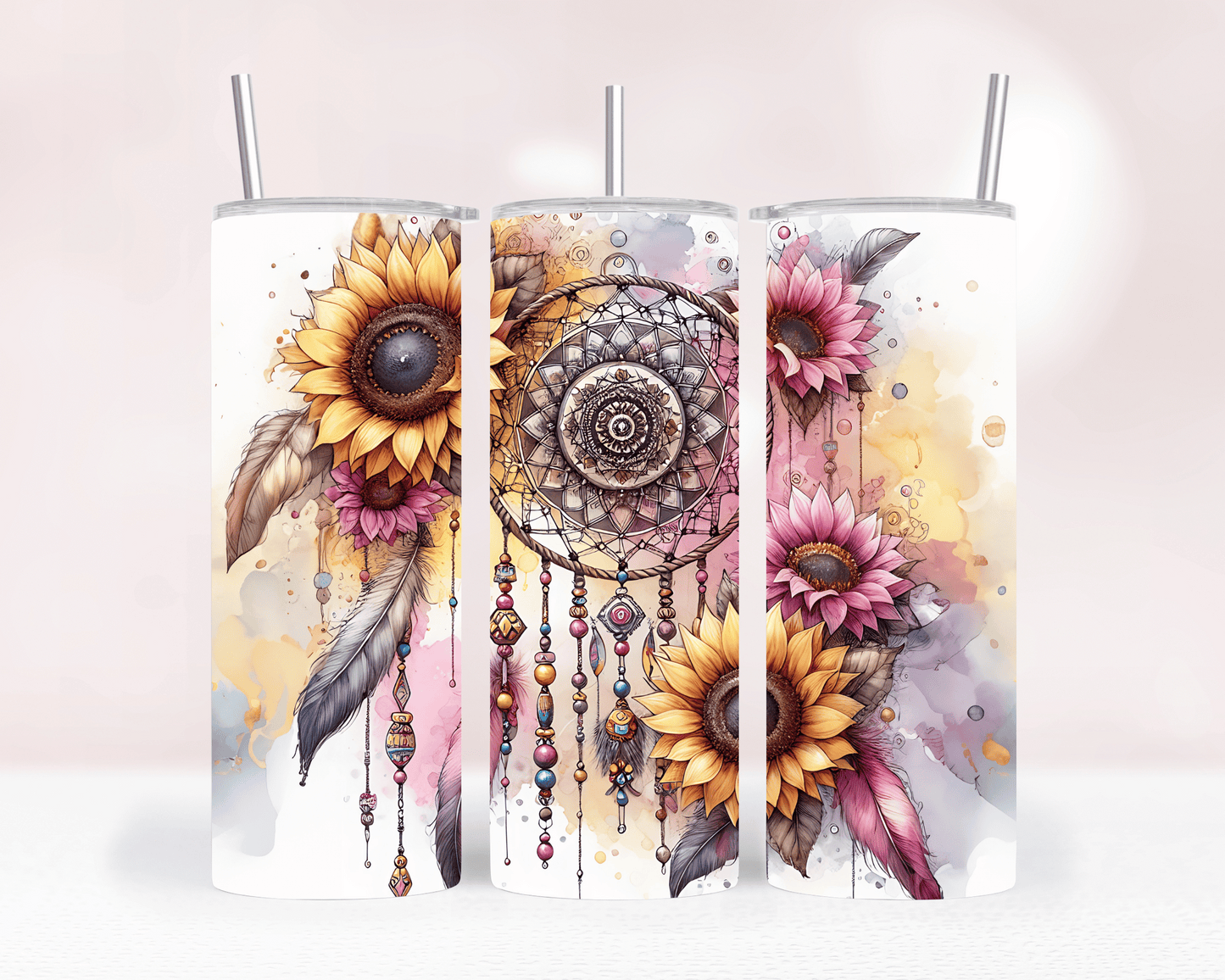 Thermobecher aus Edelstahl – 570 ml, Motiv Traumfänger mit Sonnenblumen