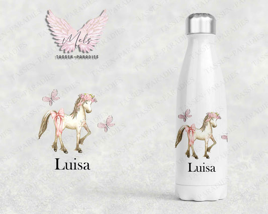Pferd 4 - Personalisierte Kinder-Thermoflasche weiß mit und ohne Name
