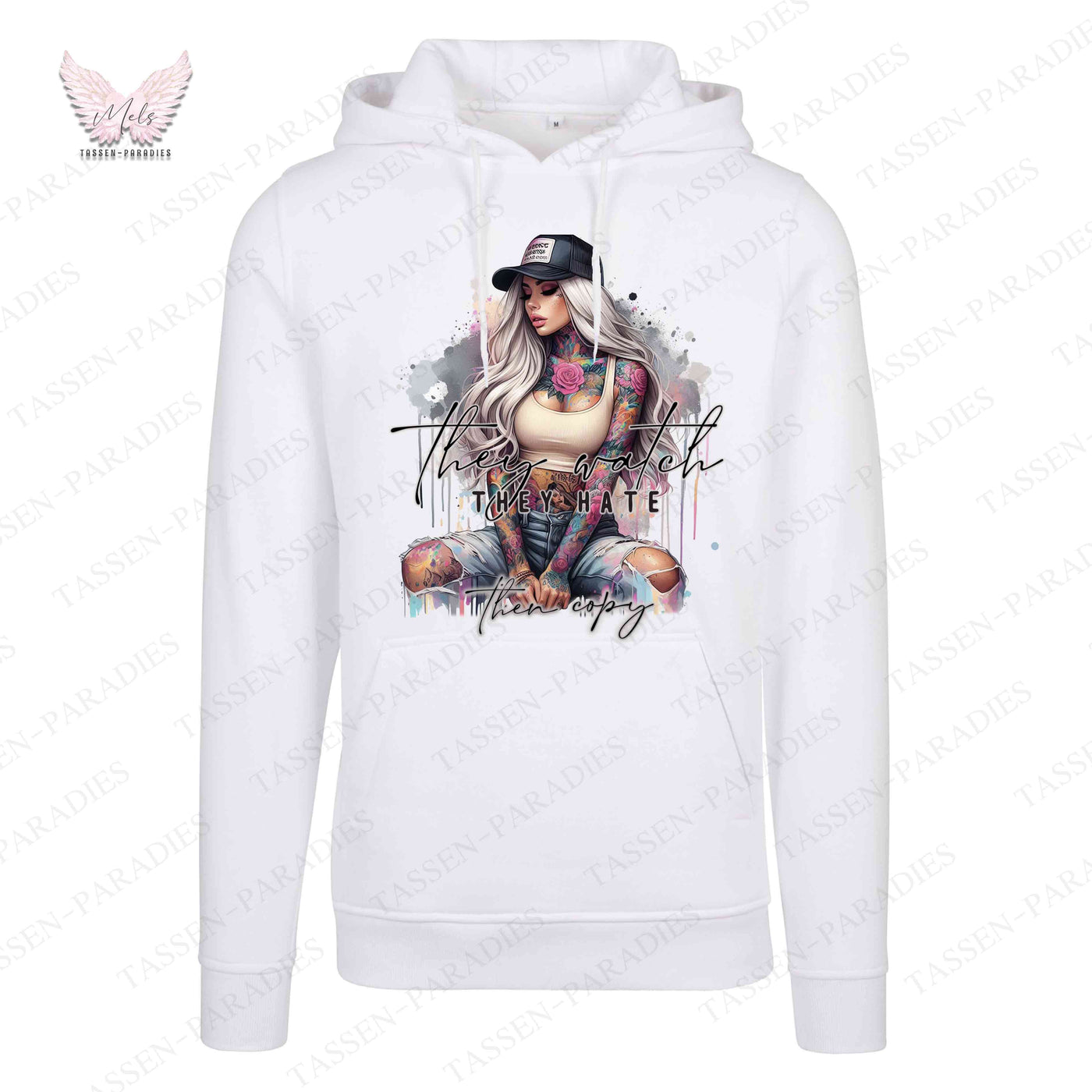 Hoodie mit Statement-Print – "They watch THEY HATE Then copy"