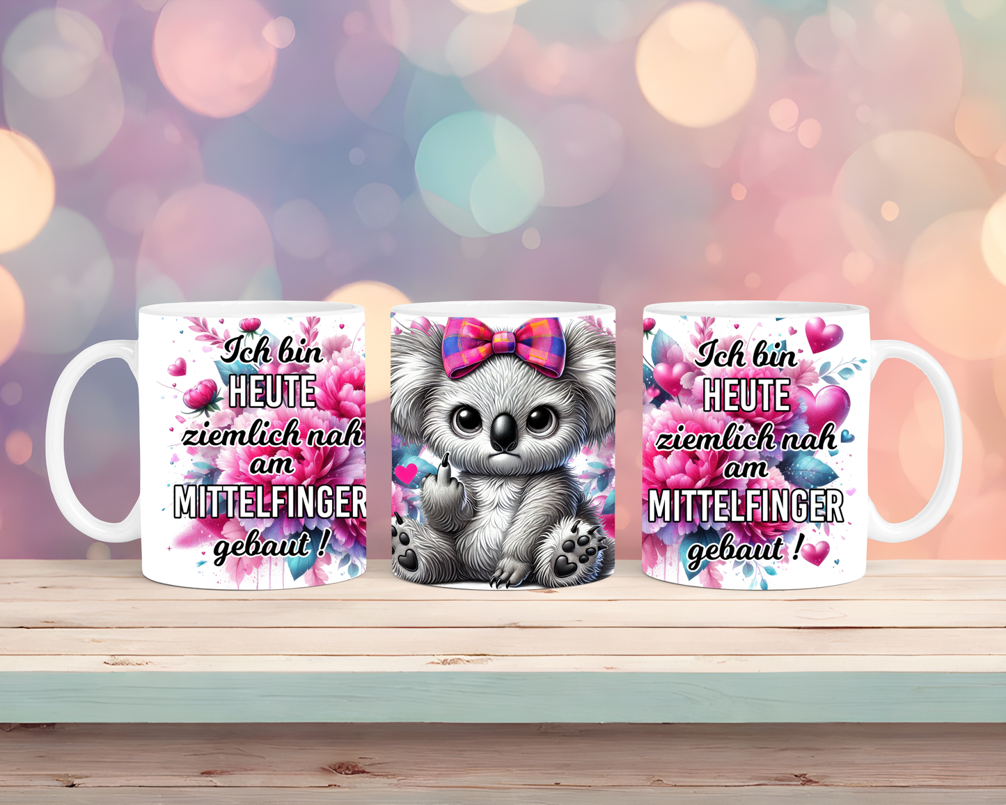 Tasse mit Koala, Mittelfinger und einem sarkastischen Spruch