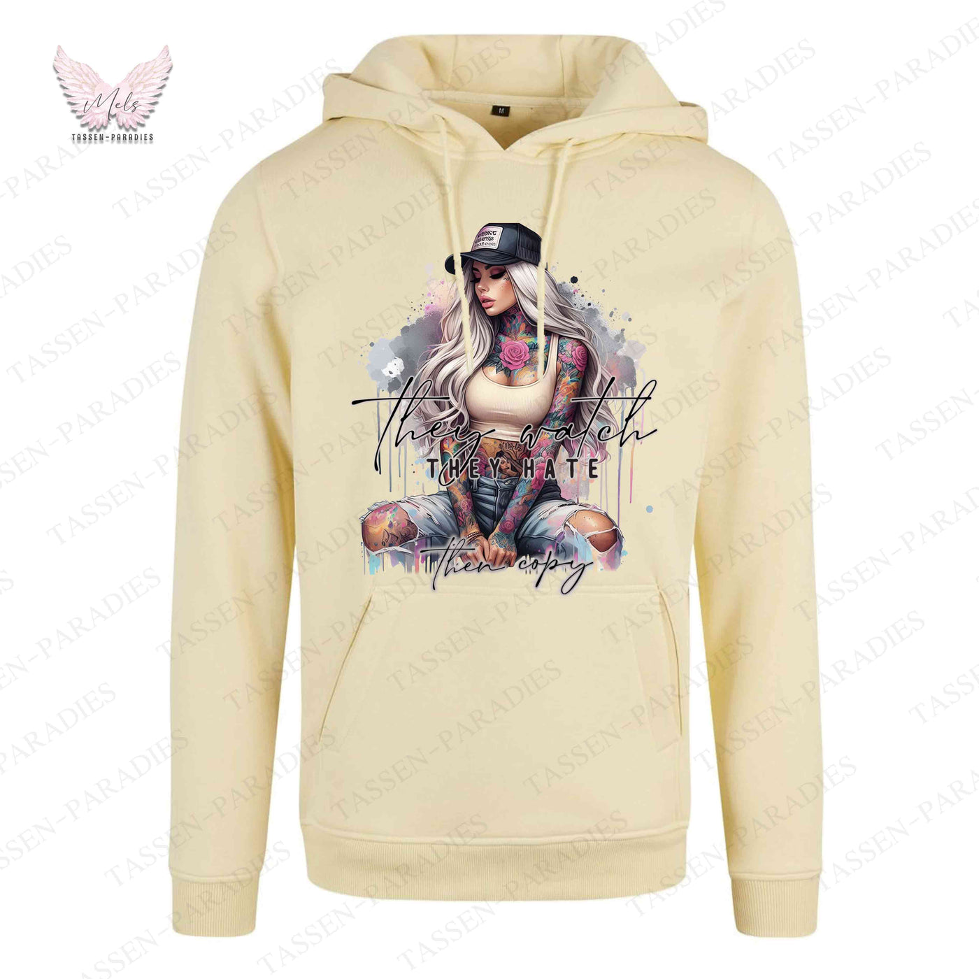 Hoodie mit Statement-Print – "They watch THEY HATE Then copy"