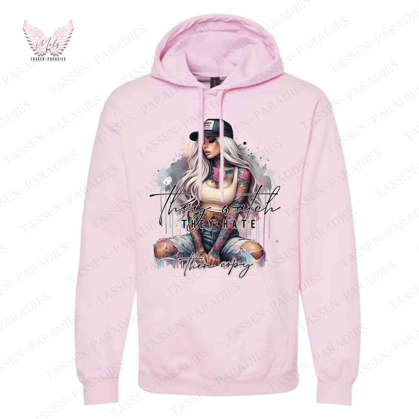 Hoodie mit Statement-Print – "They watch THEY HATE Then copy"
