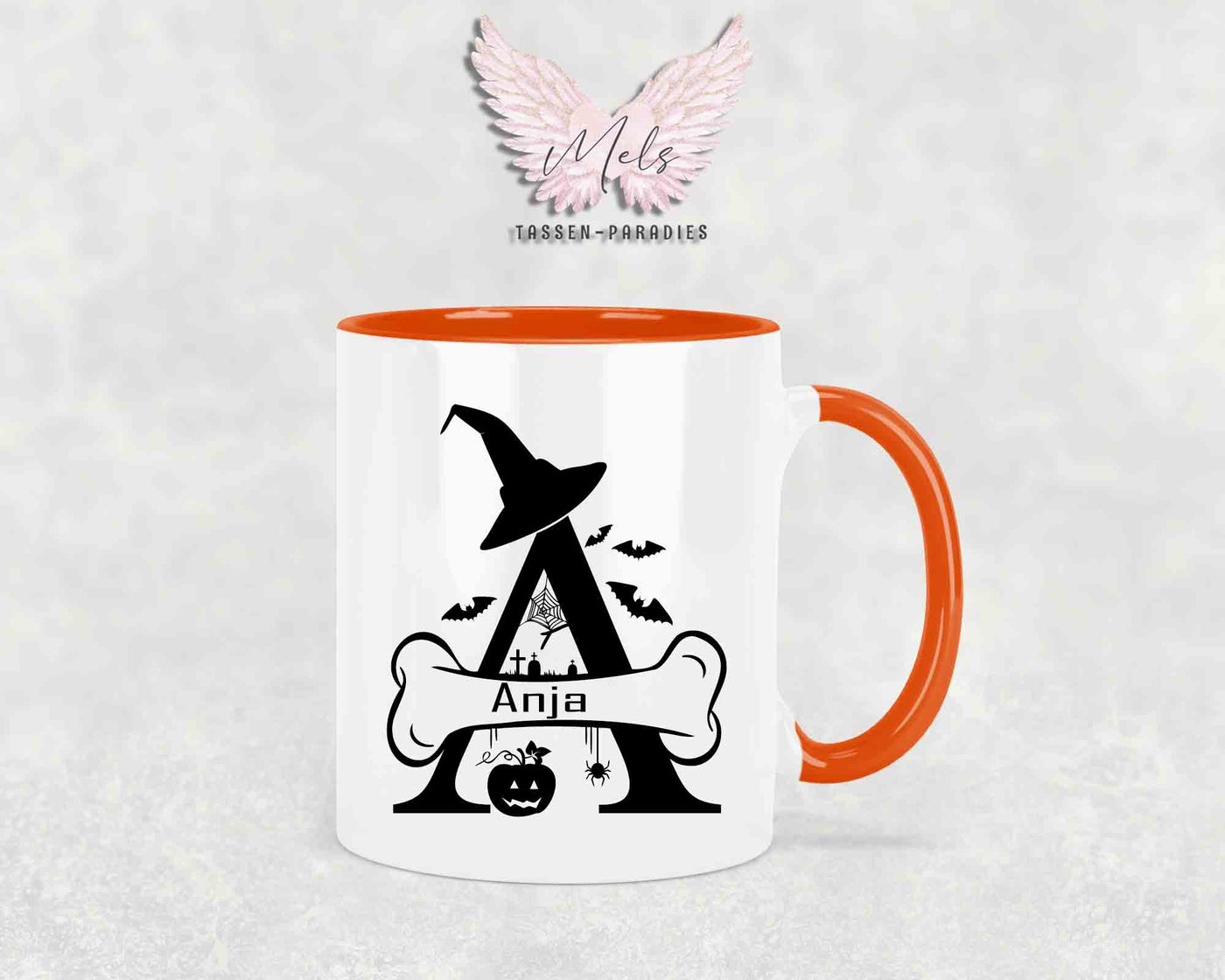 Halloween-Alphabet mit Name - Personalisierte Keramik-Tasse Orange
