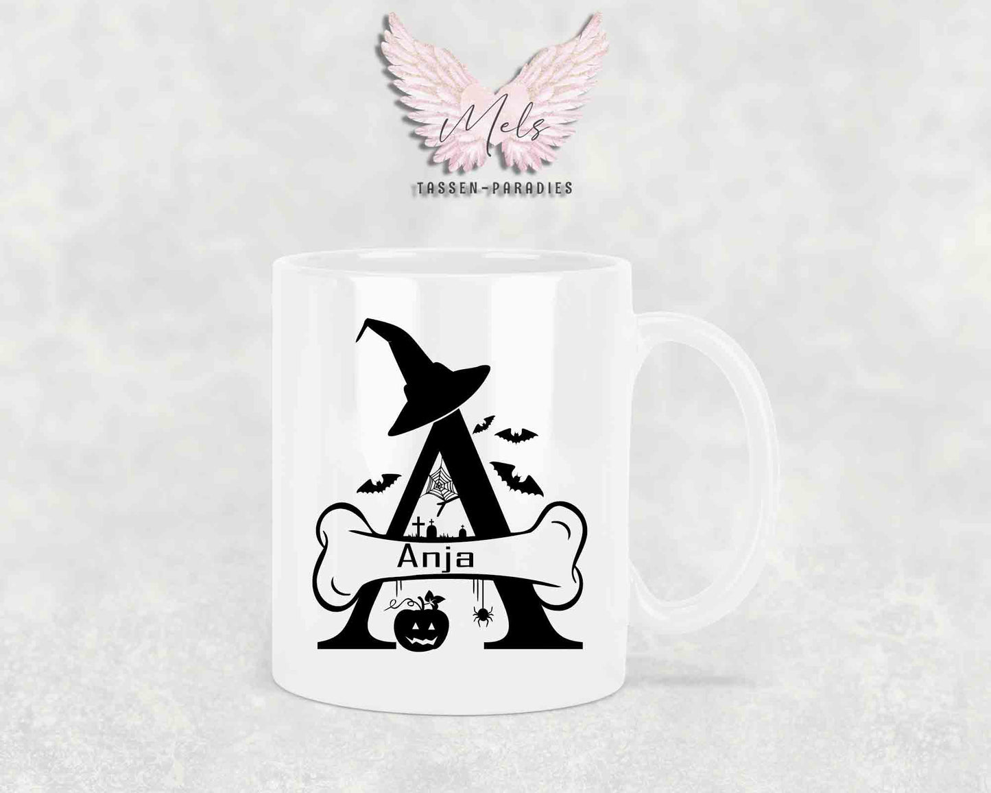 Halloween-Alphabet mit Name - Personalisierte Keramik-Tasse Weiß