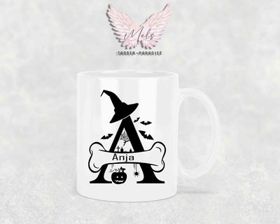 Halloween-Alphabet mit Name - Personalisierte Keramik-Tasse Weiß