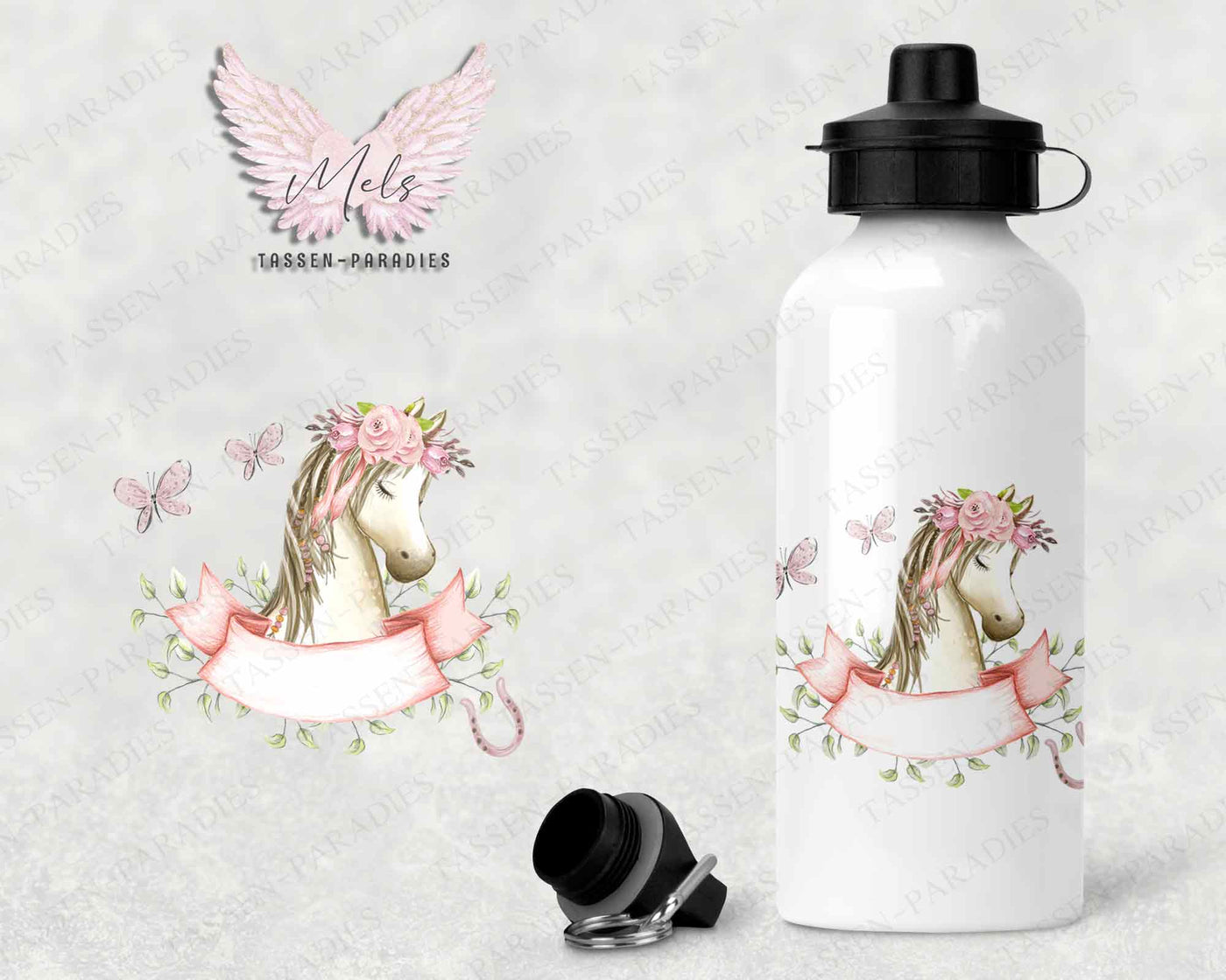 Pferd 3 - Personalisierte Kinder-Trinkflasche weiß mit und ohne Name