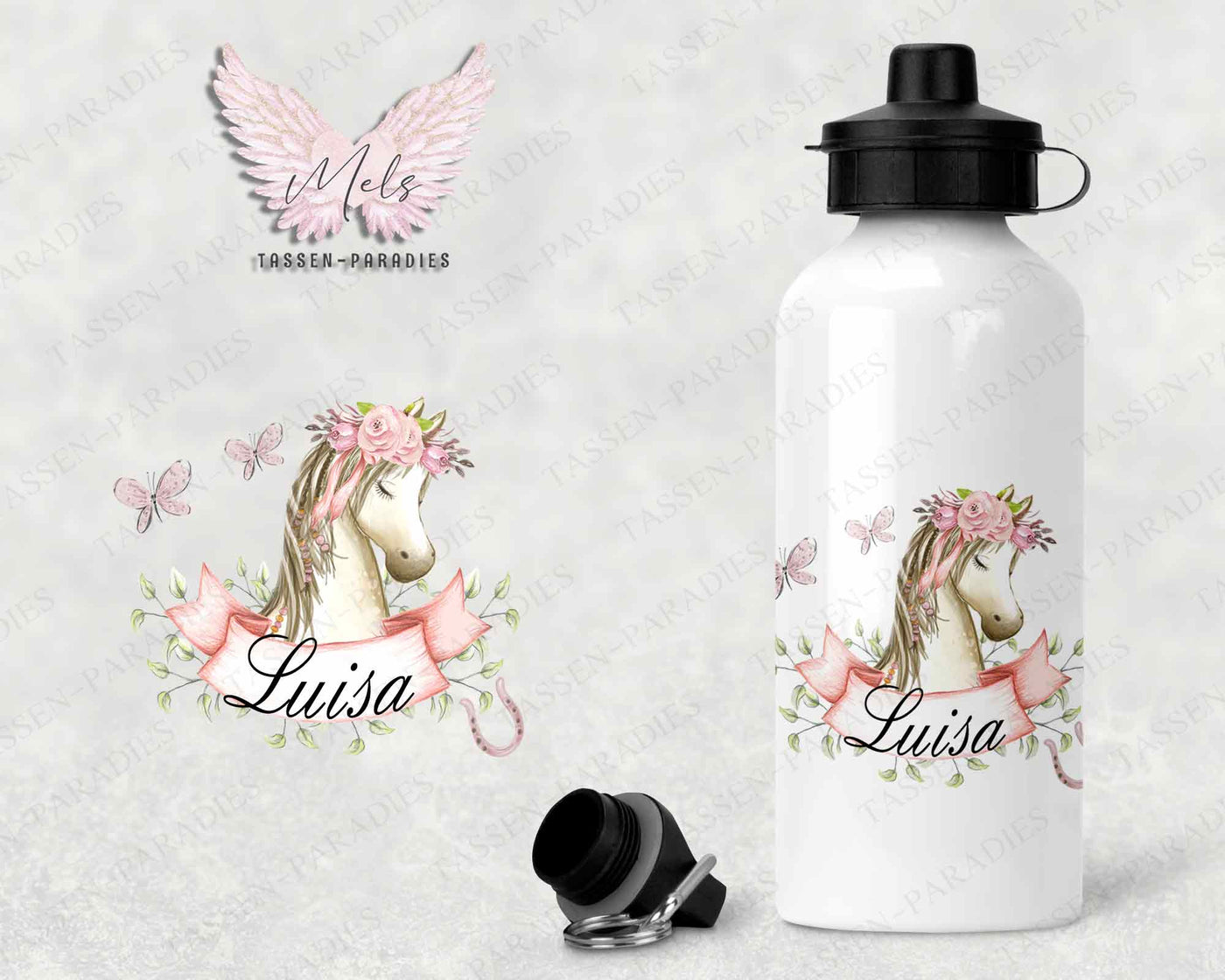 Pferd 3 - Personalisierte Kinder-Trinkflasche weiß mit und ohne Name