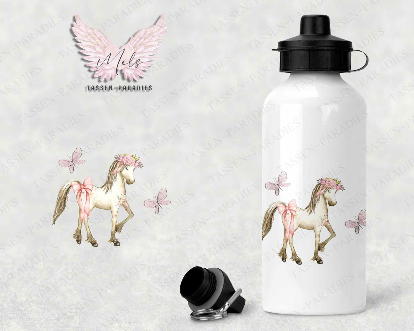 Pferd 4 - Personalisierte Kinder-Trinkflasche weiß mit und ohne Name