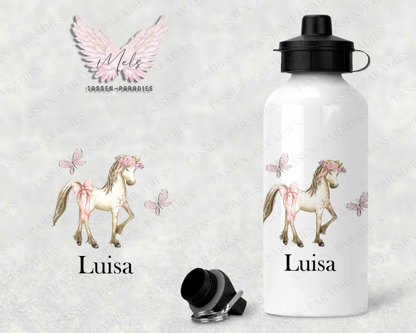Pferd 4 - Personalisierte Kinder-Trinkflasche weiß mit und ohne Name