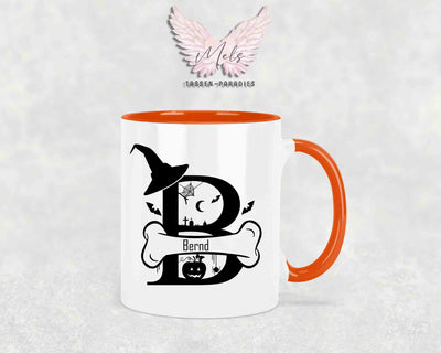 Halloween-Alphabet mit Name - Personalisierte Keramik-Tasse Orange