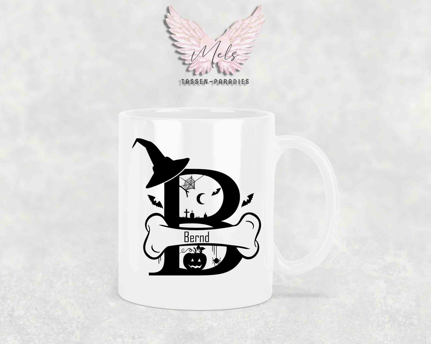 Halloween-Alphabet mit Name - Personalisierte Keramik-Tasse Weiß