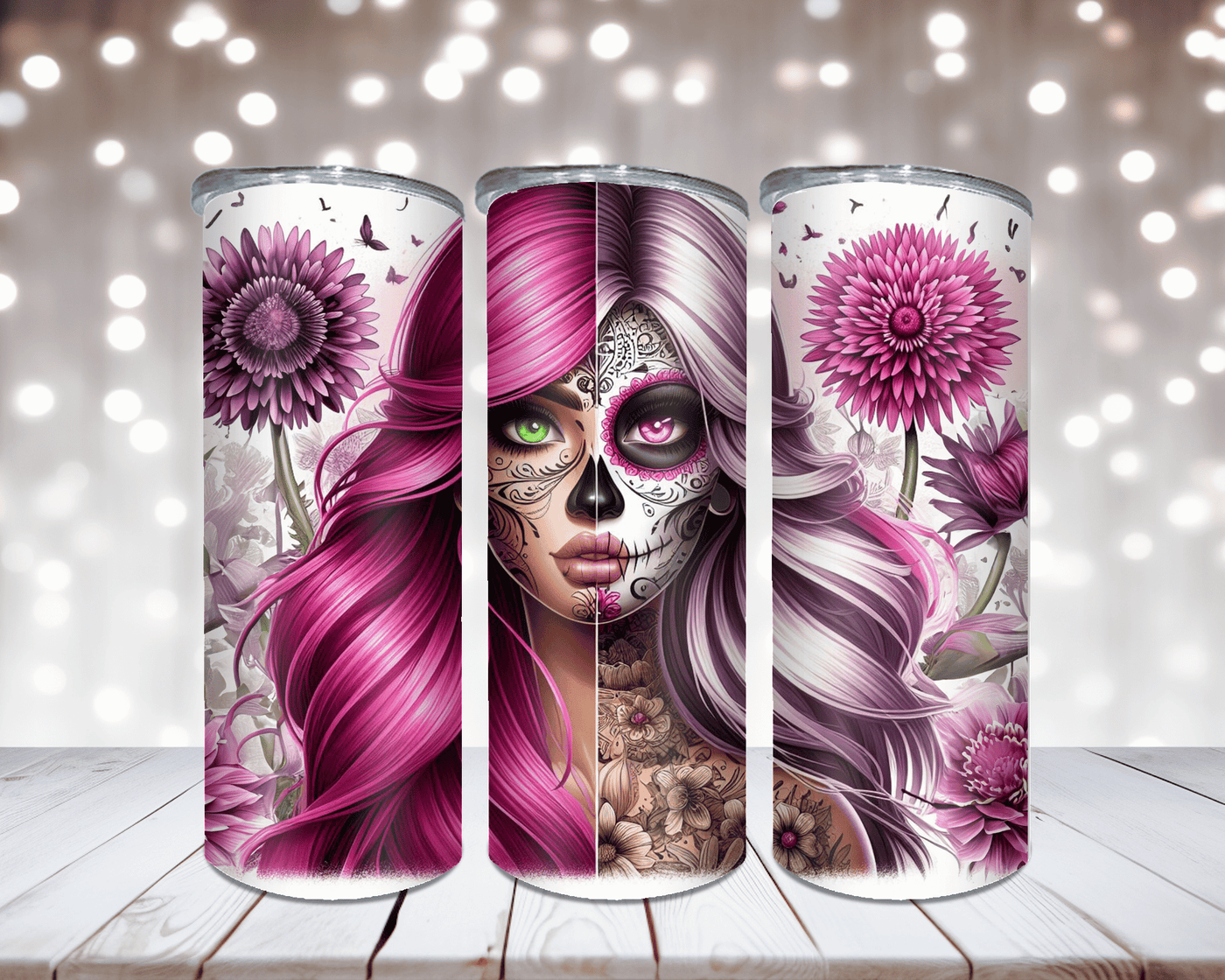 Thermobecher „Sugar Skull Girl, Pink und Blumen“