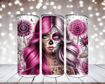 Thermobecher „Sugar Skull Girl, Pink und Blumen“