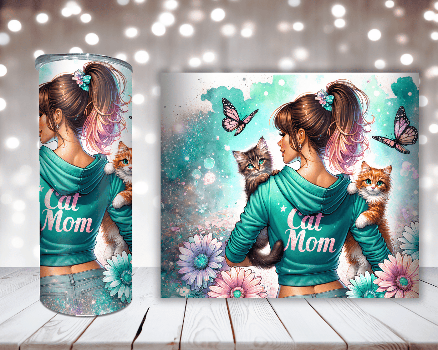 Thermobecher „Frau mit süßen Katzen, Spruch Cat Mom“
