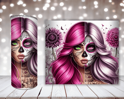 Thermobecher „Sugar Skull Girl, Pink und Blumen“