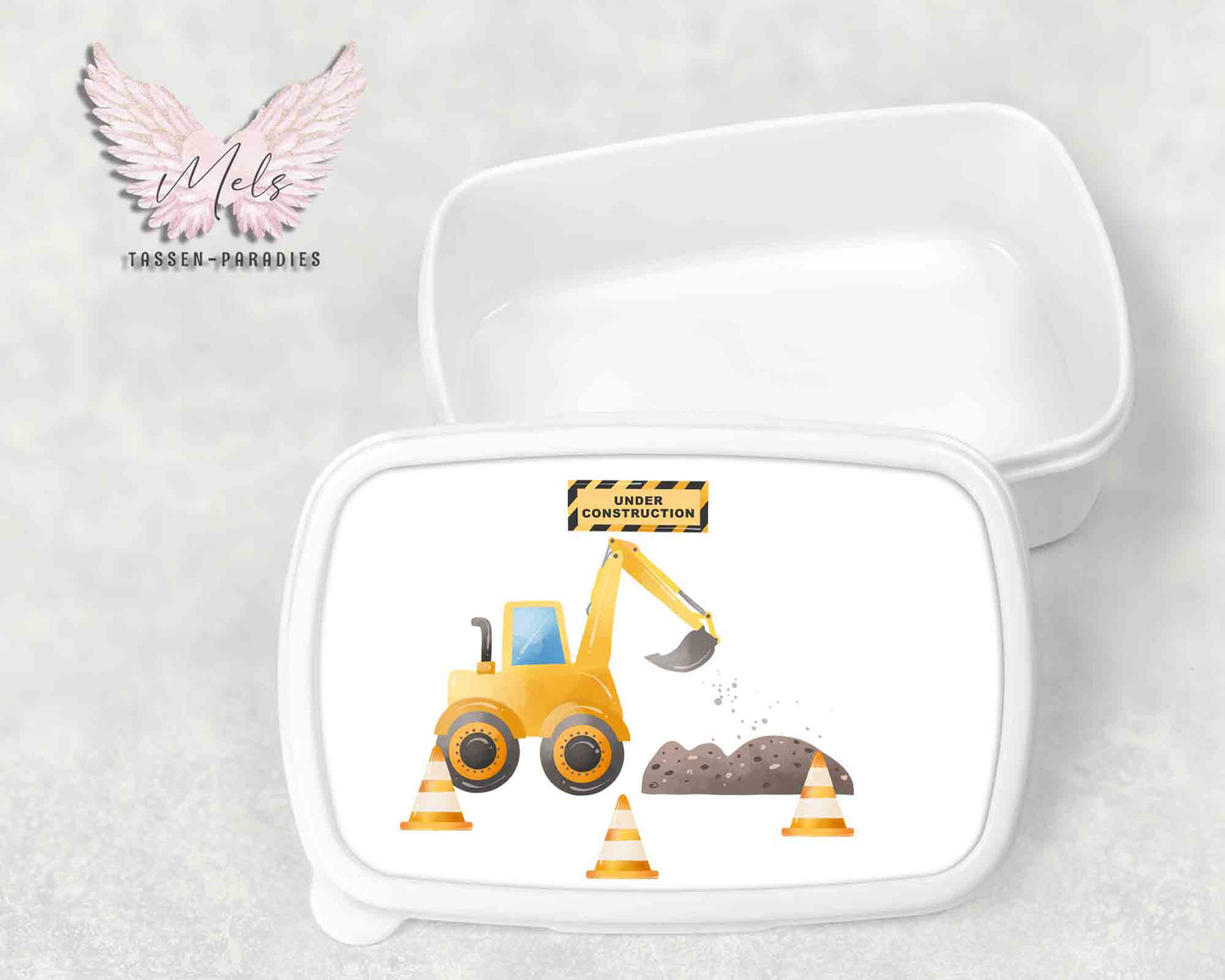 Baustelle 1 - Personalisierte Kinder-Brotbox / Lunchbox weiß mit und ohne Name