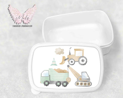 Baustelle 11 - Personalisierte Kinder-Brotbox / Lunchbox weiß mit und ohne Name