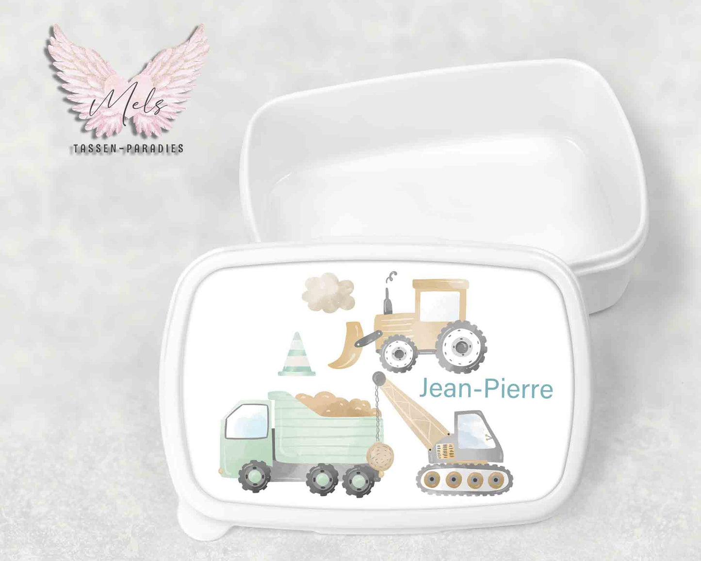 Baustelle 11 - Personalisierte Kinder-Brotbox / Lunchbox weiß mit und ohne Name