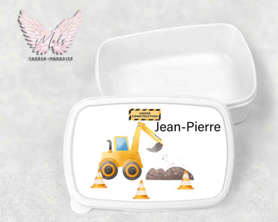 Baustelle 1 - Personalisierte Kinder-Brotbox / Lunchbox weiß mit und ohne Name