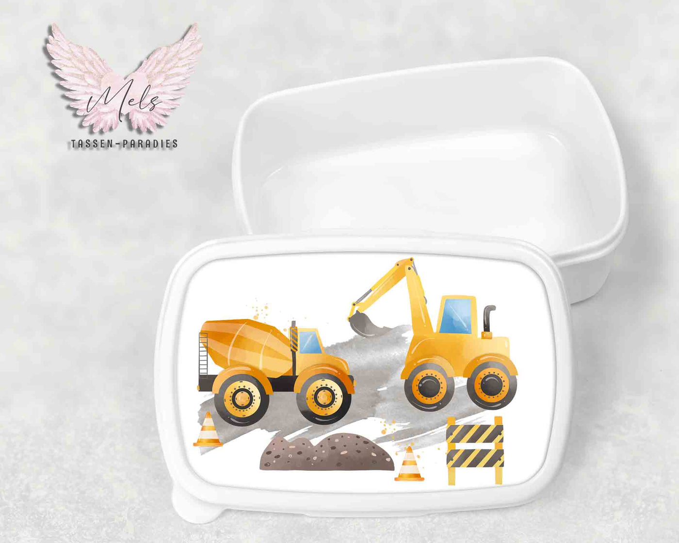 Baustelle 2 - Personalisierte Kinder-Brotbox / Lunchbox weiß mit und ohne Name