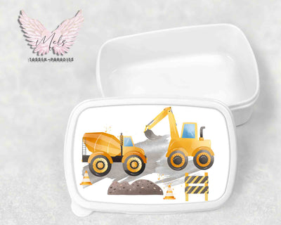 Baustelle 2 - Personalisierte Kinder-Brotbox / Lunchbox weiß mit und ohne Name
