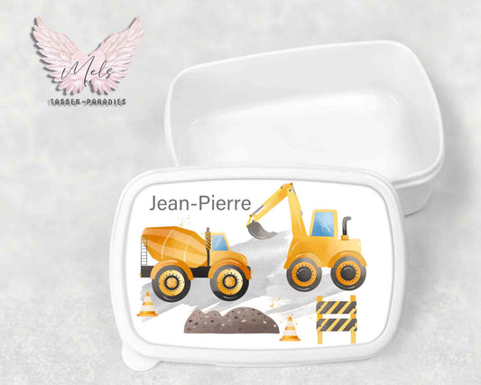 Baustelle 2 - Personalisierte Kinder-Brotbox / Lunchbox weiß mit und ohne Name