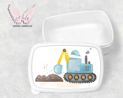 Baustelle 3 - Personalisierte Kinder-Brotbox / Lunchbox weiß mit und ohne Name