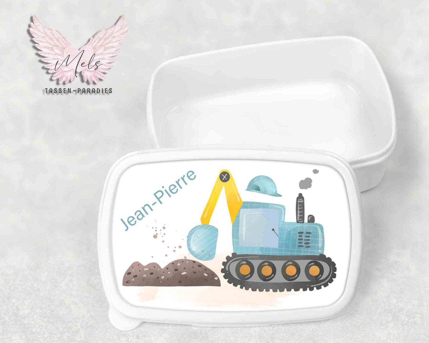 Baustelle 3 - Personalisierte Kinder-Brotbox / Lunchbox weiß mit und ohne Name