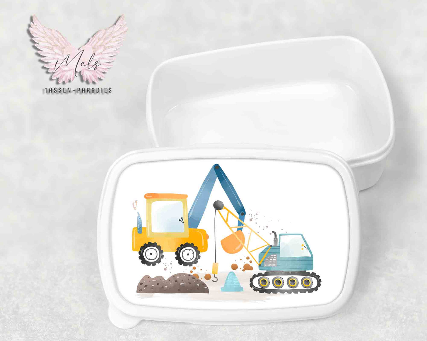 Baustelle 4 - Personalisierte Kinder-Brotbox / Lunchbox weiß mit und ohne Name