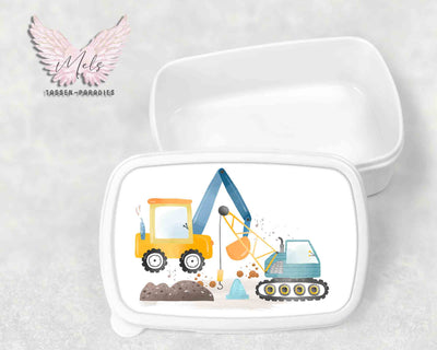 Baustelle 4 - Personalisierte Kinder-Brotbox / Lunchbox weiß mit und ohne Name