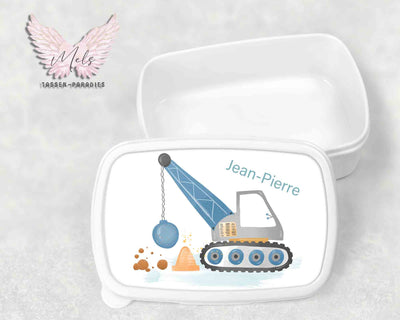 Baustelle 5 - Personalisierte Kinder-Brotbox / Lunchbox weiß mit und ohne Name