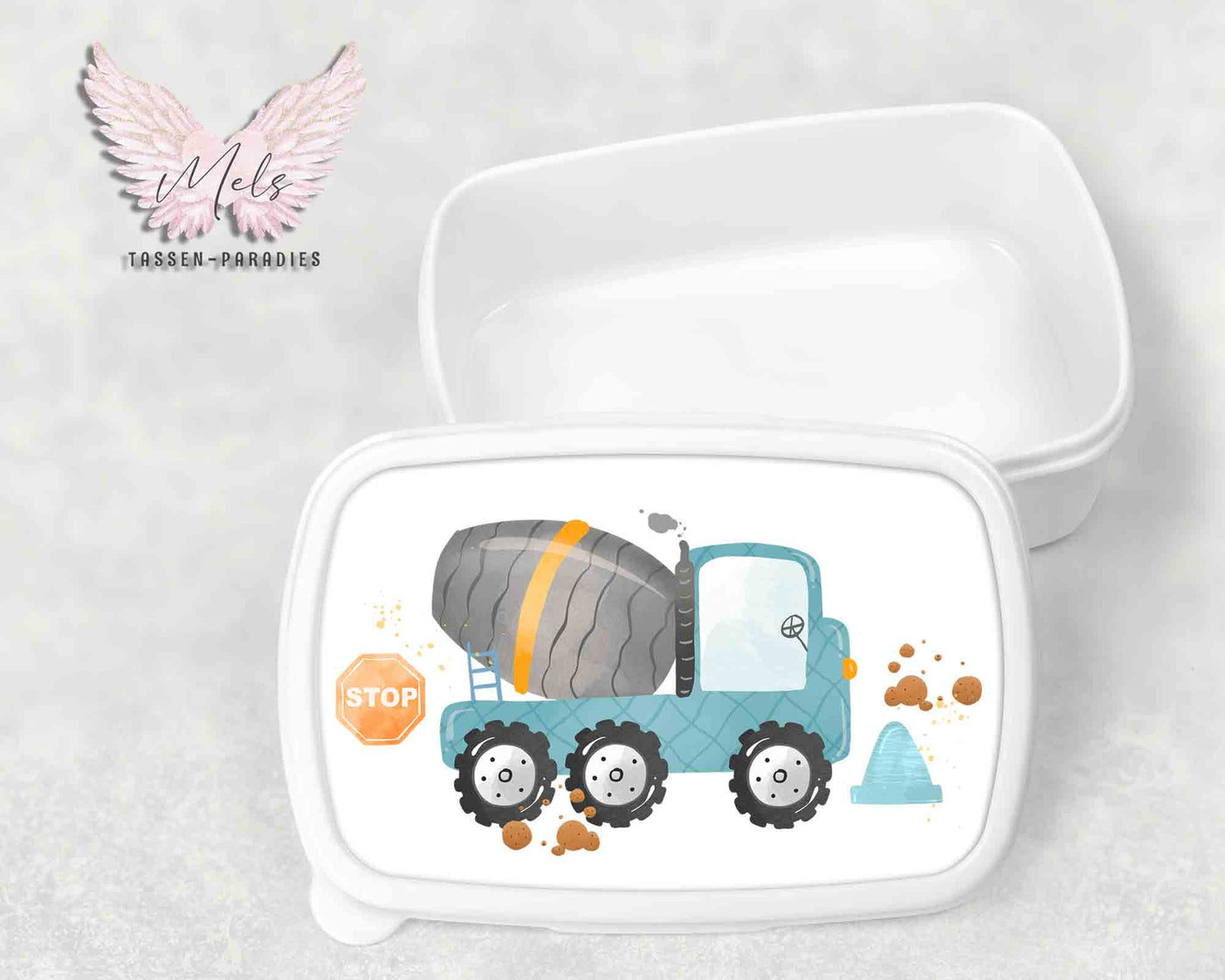 Baustelle 6 - Personalisierte Kinder-Brotbox / Lunchbox weiß mit und ohne Name