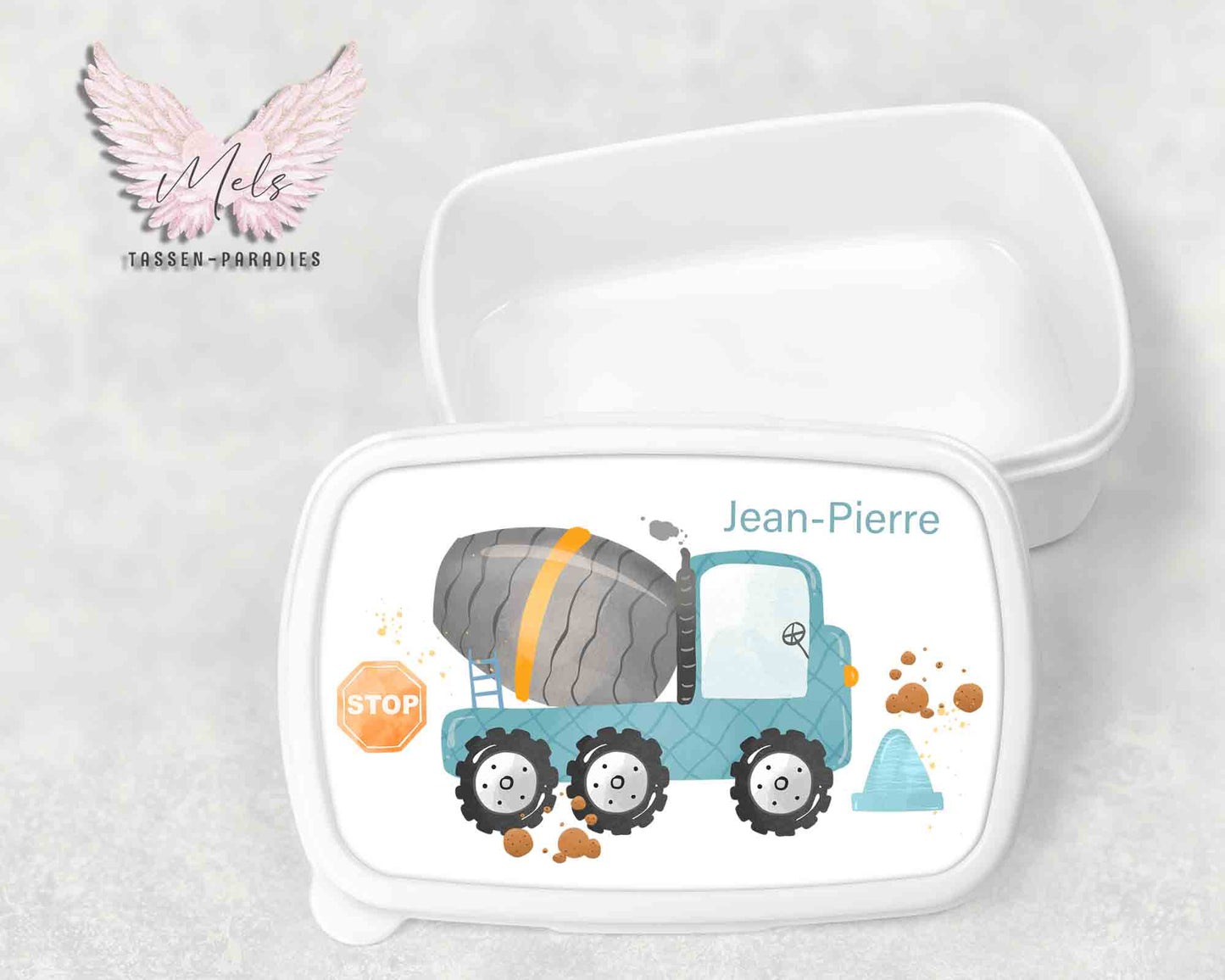 Baustelle 6 - Personalisierte Kinder-Brotbox / Lunchbox weiß mit und ohne Name