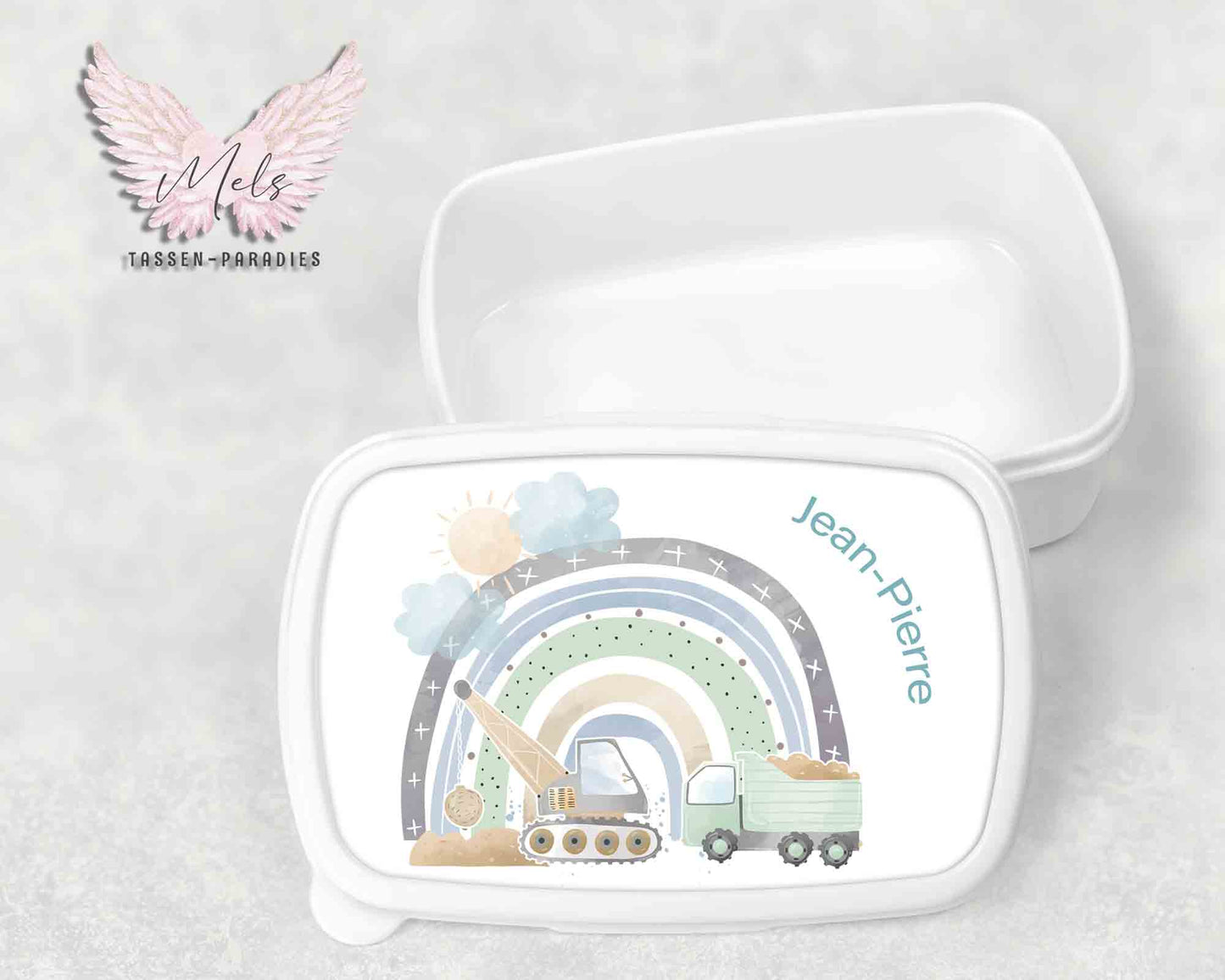 Baustelle 9 - Personalisierte Kinder-Brotbox / Lunchbox weiß mit und ohne Name