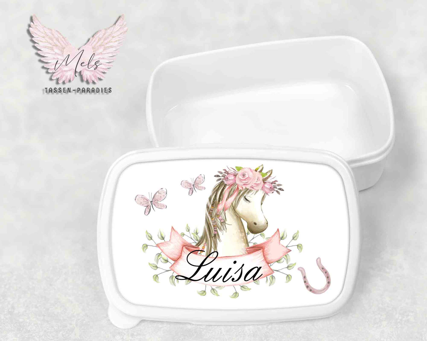 Pferd 3 - Personalisierte Kinder-Brotbox / Lunchbox weiß mit und ohne Name