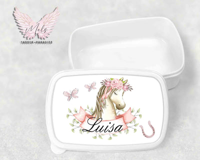 Pferd 3 - Personalisierte Kinder-Brotbox / Lunchbox weiß mit und ohne Name