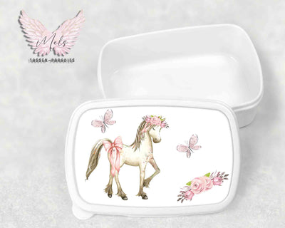 Pferd 4 - Personalisierte Kinder-Brotbox / Lunchbox weiß mit und ohne Name
