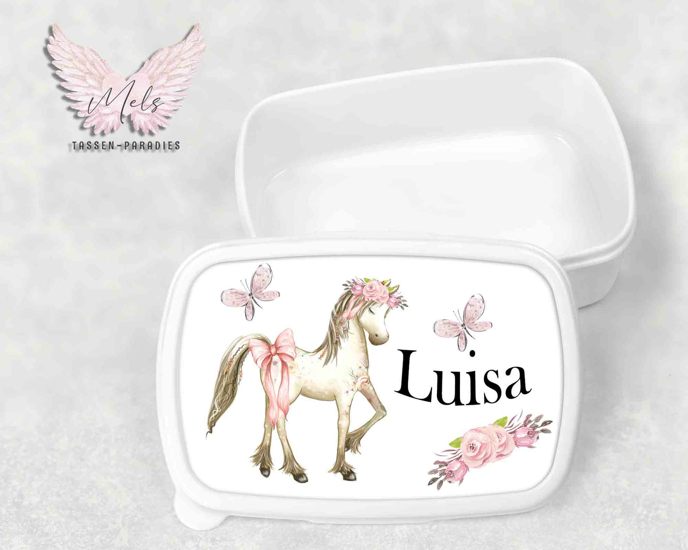 Pferd 4 - Personalisierte Kinder-Brotbox / Lunchbox weiß mit und ohne Name