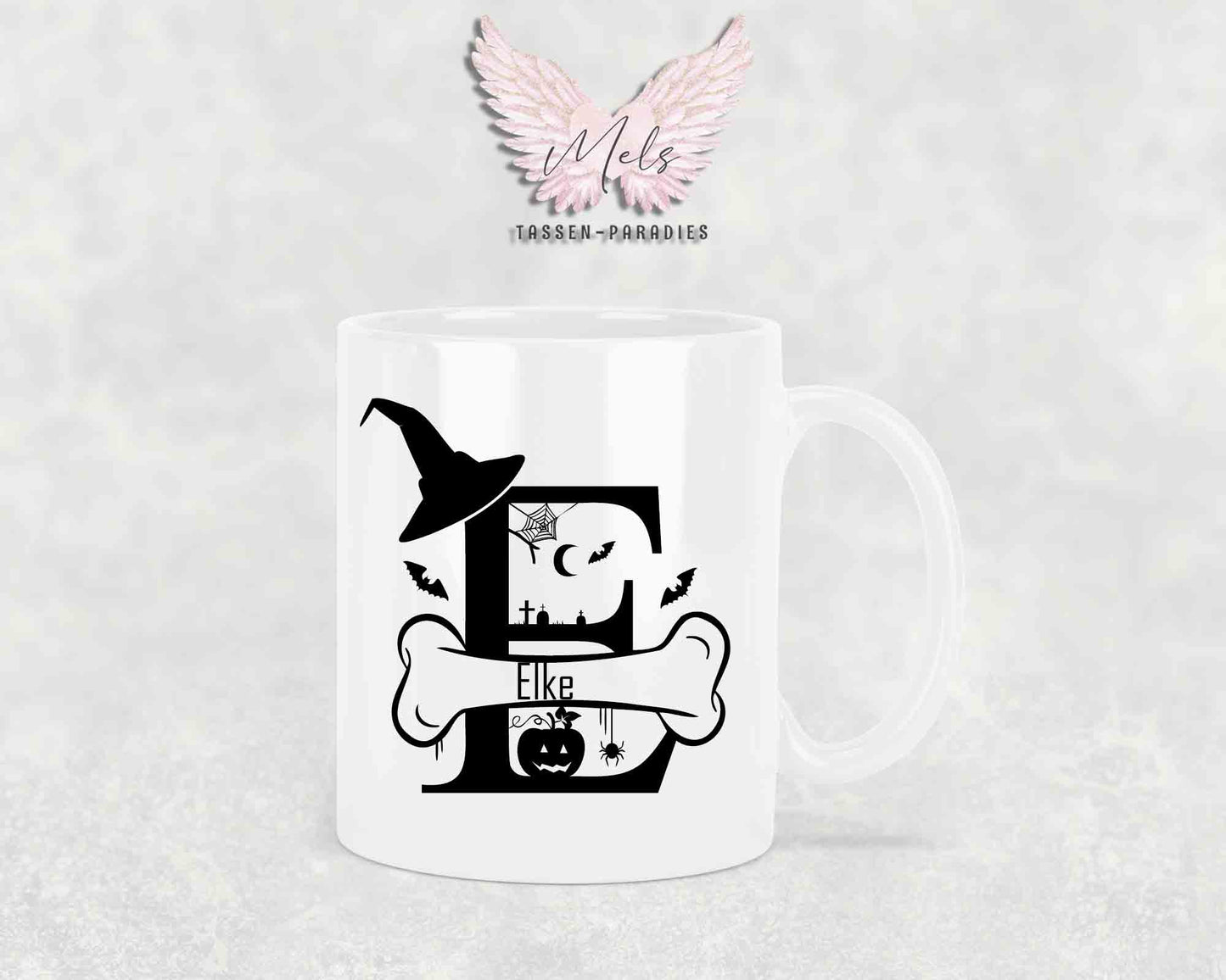 Halloween-Alphabet mit Name - Personalisierte Keramik-Tasse Weiß