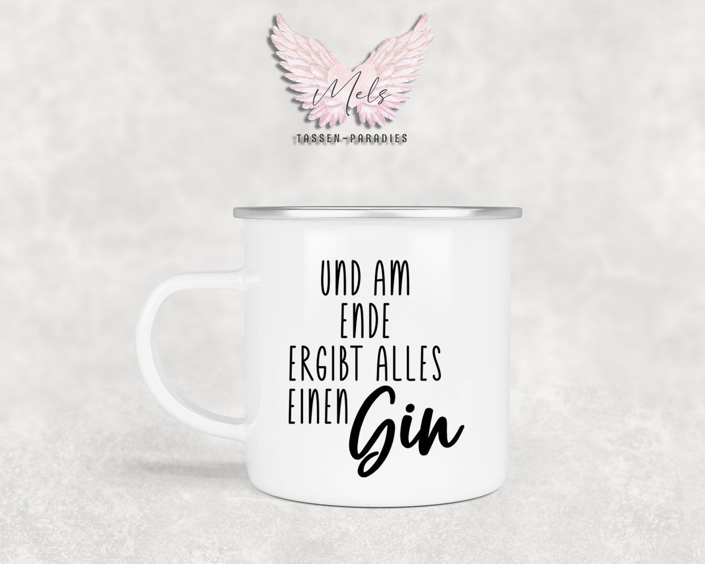 GIN "Am Ende" - Personalisierte Emailletasse mit und ohne Name