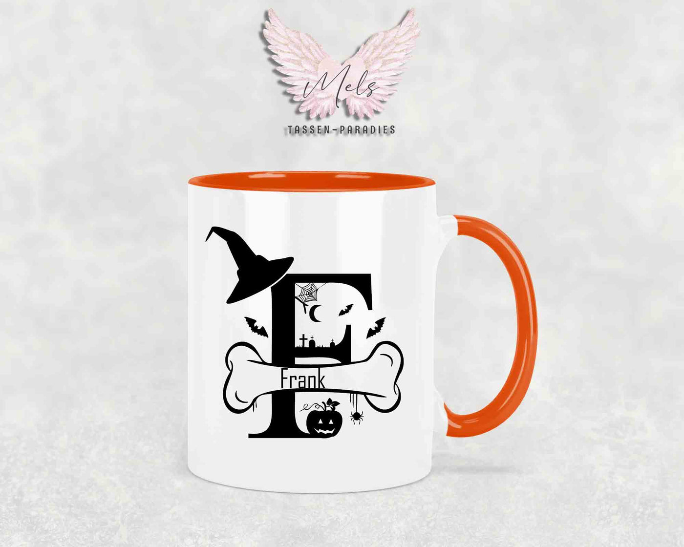 Halloween-Alphabet mit Name - Personalisierte Keramik-Tasse Orange