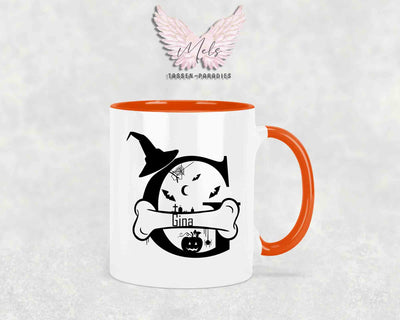 Halloween-Alphabet mit Name - Personalisierte Keramik-Tasse Orange