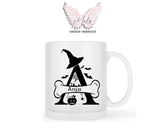 Halloween-Alphabet mit Name - Personalisierte satinierte Glas-Tasse