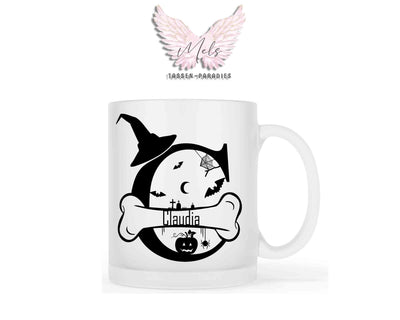 Halloween-Alphabet mit Name - Personalisierte satinierte Glas-Tasse