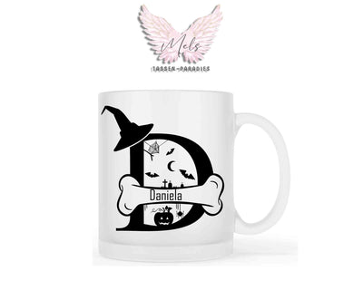 Halloween-Alphabet mit Name - Personalisierte satinierte Glas-Tasse