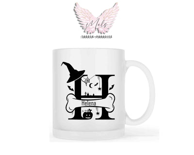 Halloween-Alphabet mit Name - Personalisierte satinierte Glas-Tasse