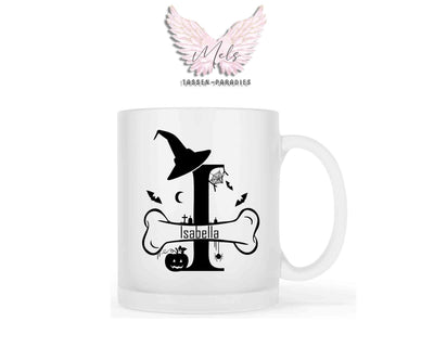 Halloween-Alphabet mit Name - Personalisierte satinierte Glas-Tasse