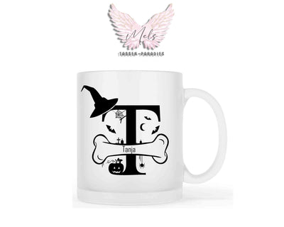 Halloween-Alphabet mit Name - Personalisierte satinierte Glas-Tasse